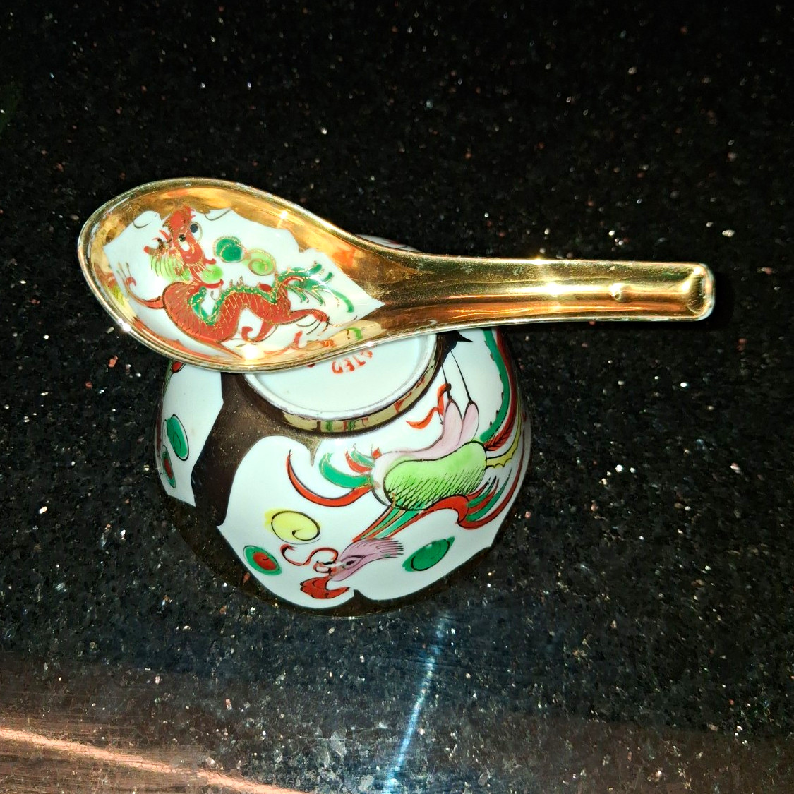 Vintage Chinese Porcelain Dragon & Phoenix Bowl with Matching Spoon Vintage Chinese Porcelain Dragon & Phoenix Bowl with Matching Spoon