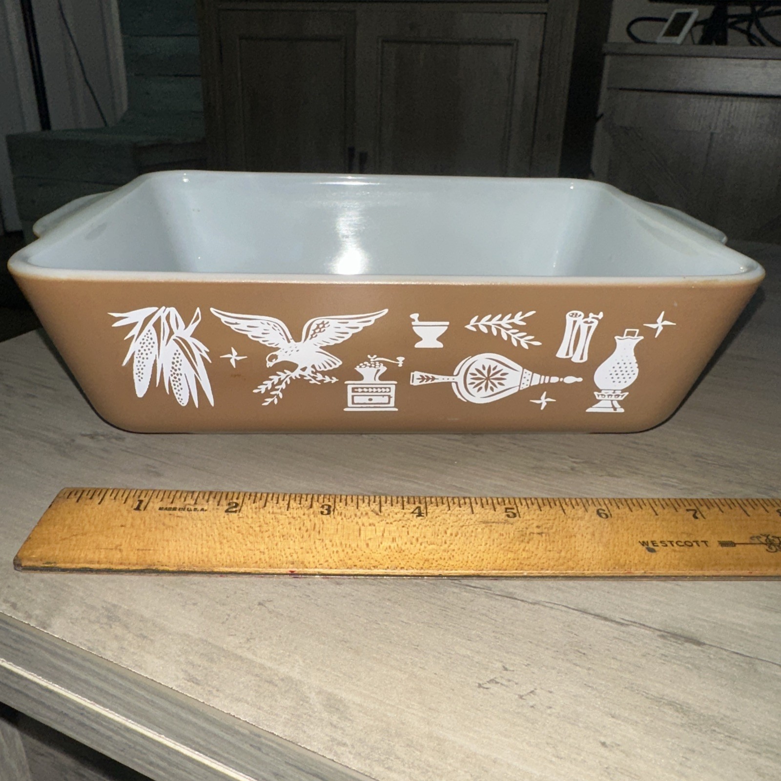 Vintage Early American Pyrex #503 Brown Beige Refrigerator Casserole Dish 1.5 Qt