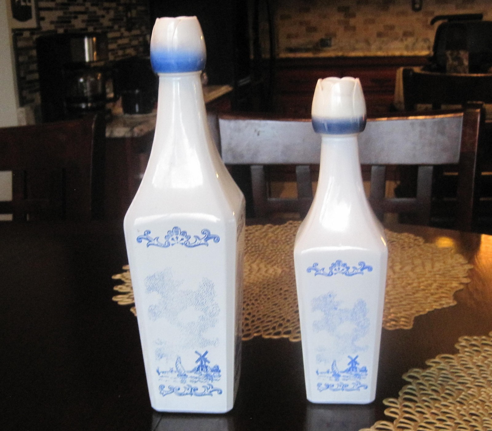 2 Delft Blue Vintage Vandermint Glass Liquor Bottles Dutch Blue Windmill Design