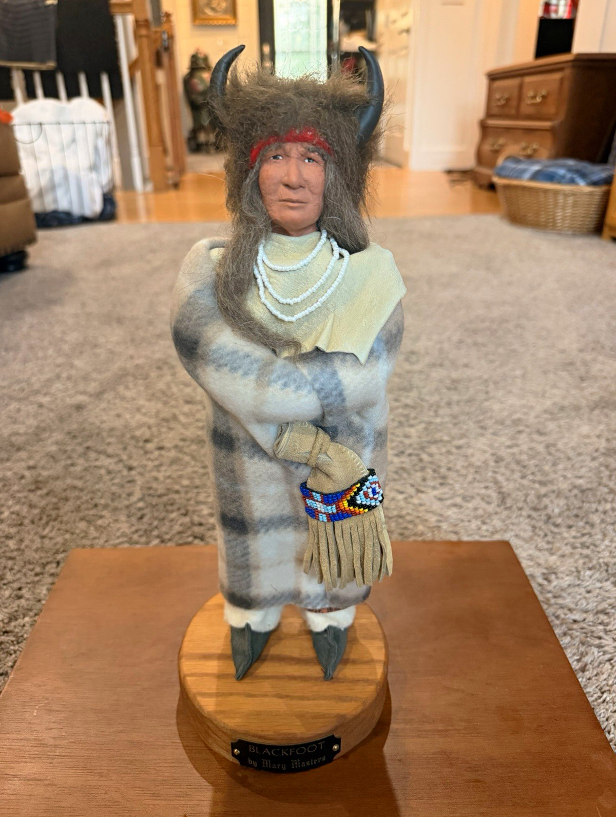 Mary Masters Blackfoot Native American Figurine Sculpture on Wood Base