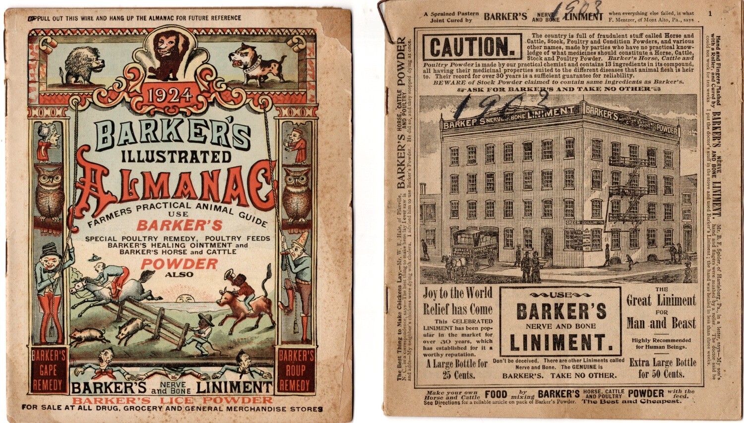 Antique 1903 & 1924 Barker's Illustrated Almanac, right side pages have cartoons Antique 1903 & 1924 Barker's Illustrated Almanac, right side pages have cartoons