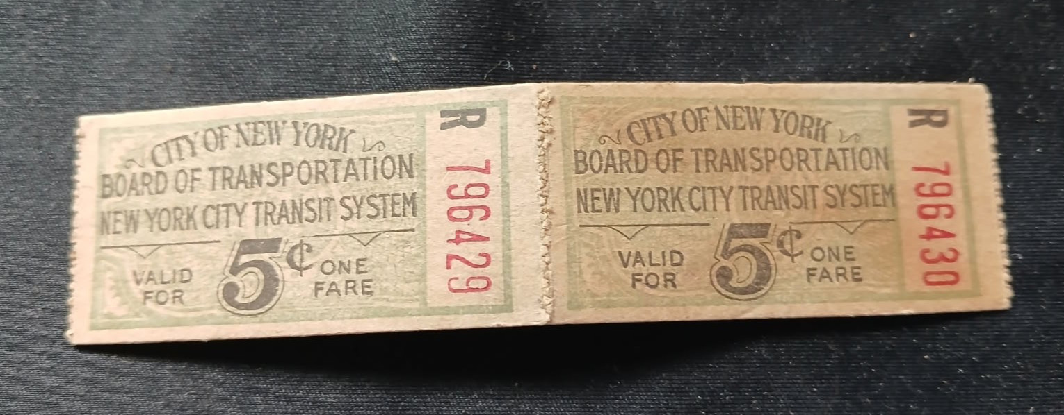 1940\'s Vintage - Unused Consecutive NYC Transit 5 Cent Paper Tickets (Pair)
