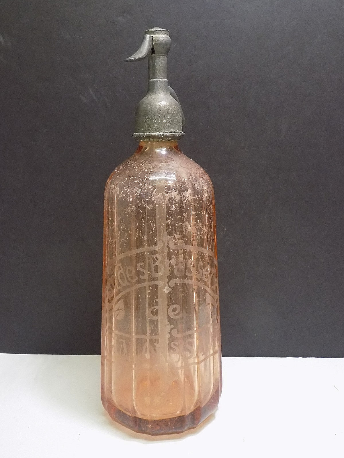 French Pink Ribbed Glass Seltzer Bottle Grandes Brasserie de Chalons Saone