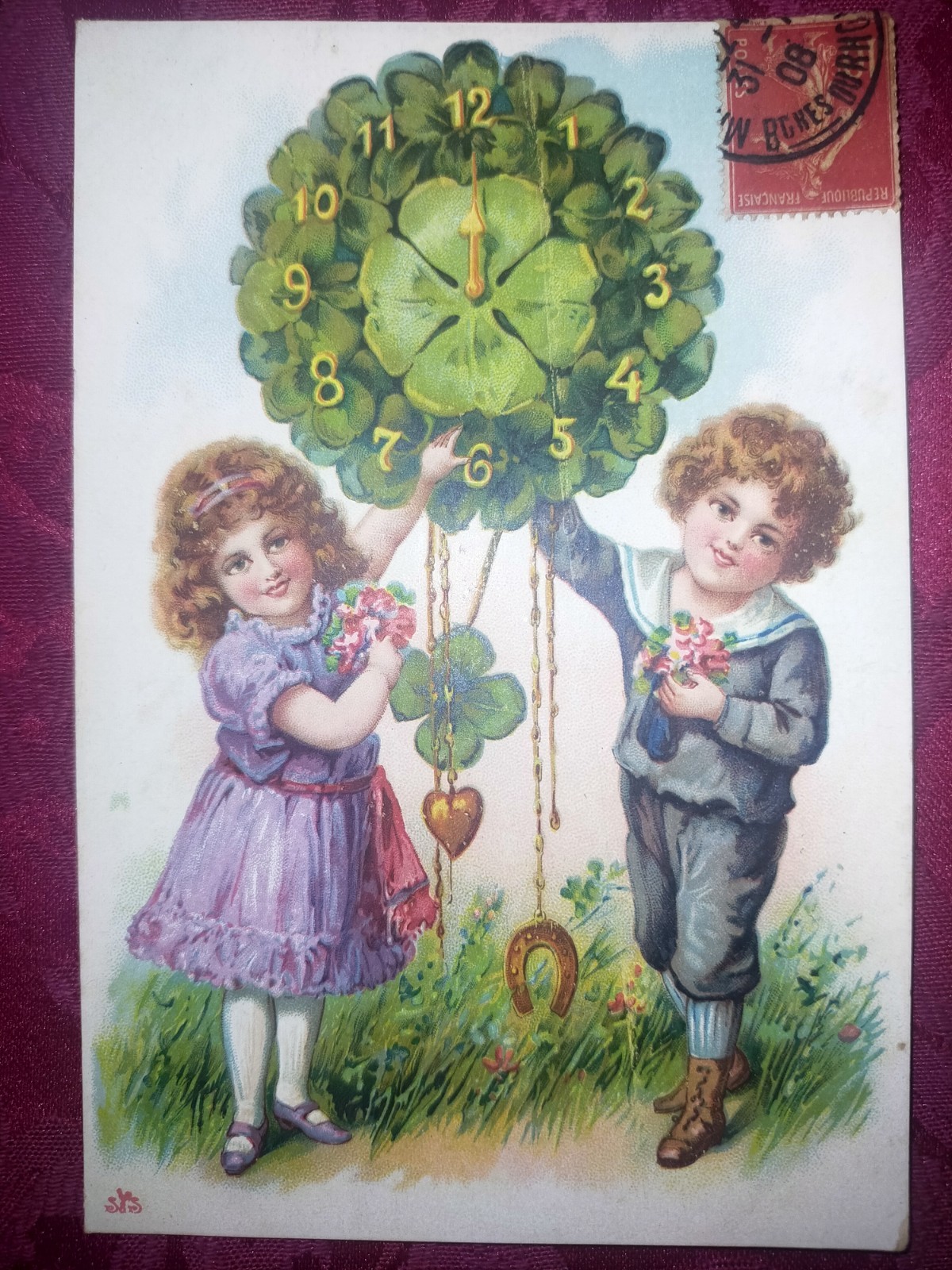 1 postcard 1908: children - clock - horseshoe, heart and baptism