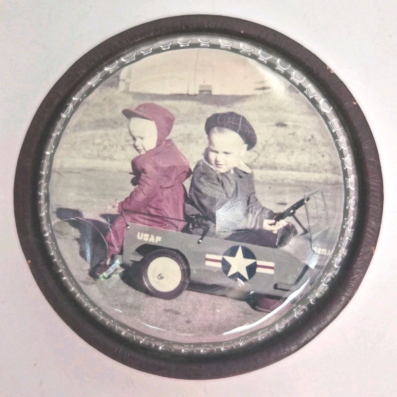Vintage Domed Glass Photo Paperweight Antique Leather Magnifying Frame USAF Car