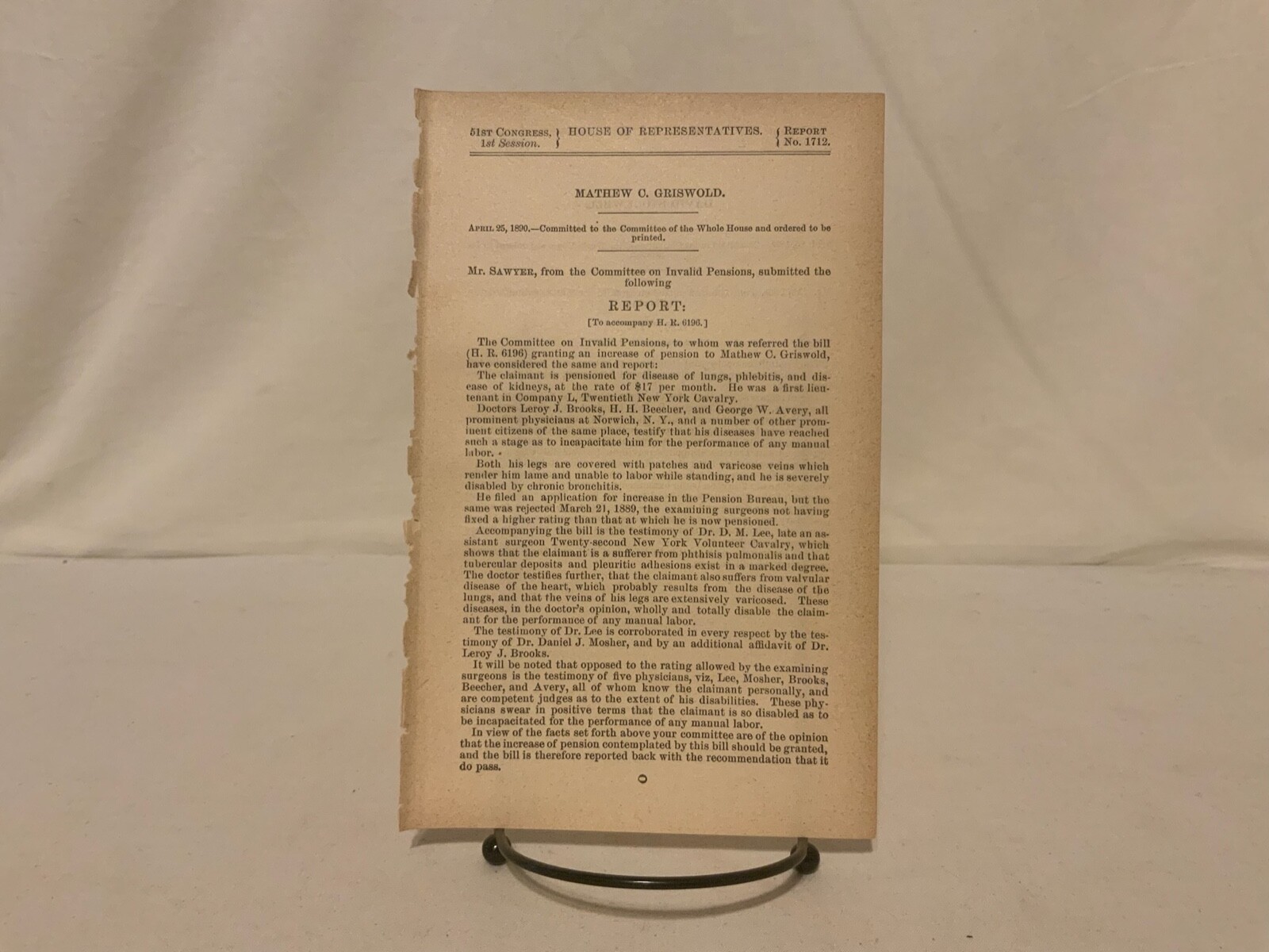 Antique 1890 Government Report Mathew C. Griswold Co. L 20th NY Cavalry
