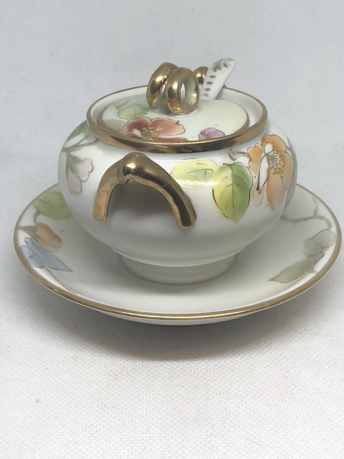 ANTIQUE NIPPON MORIAGE SAUCER ATTACHED SUGAR BOWL & SPOON FLORAL HAND PAINTED ANTIQUE NIPPON MORIAGE SAUCER ATTACHED SUGAR BOWL & SPOON FLORAL HAND PAINTED
