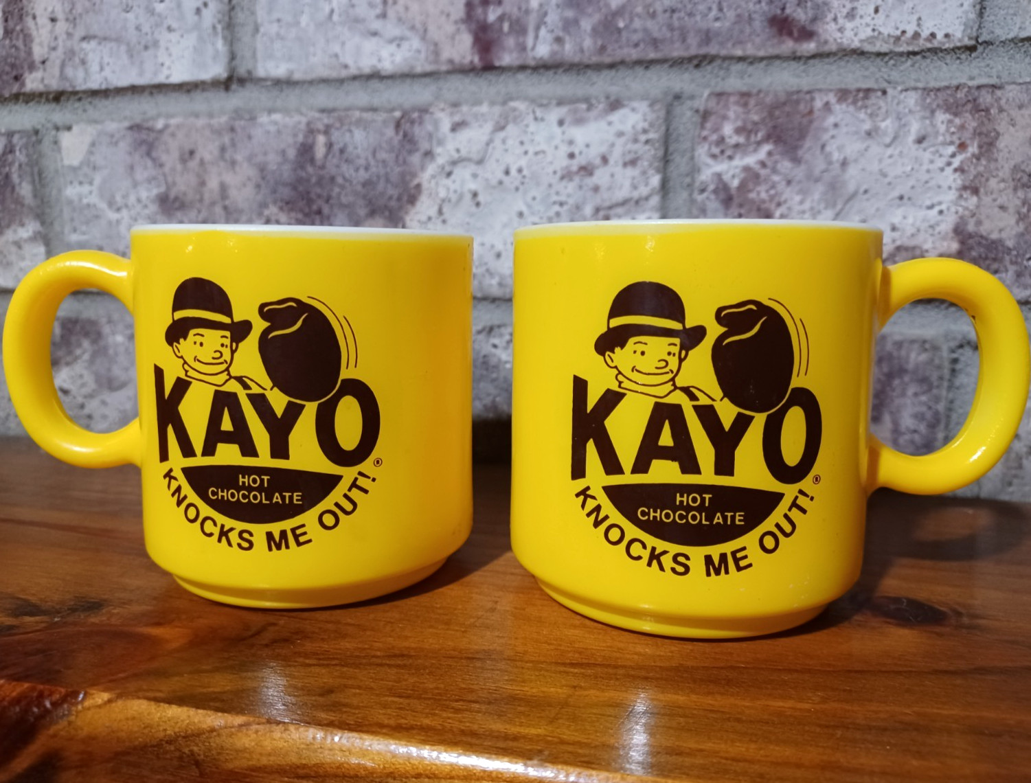 Vintage 1950s KAYO Hot Chocolate Hazel Atlas Milk Glass Mugs Pair Yellow Logo