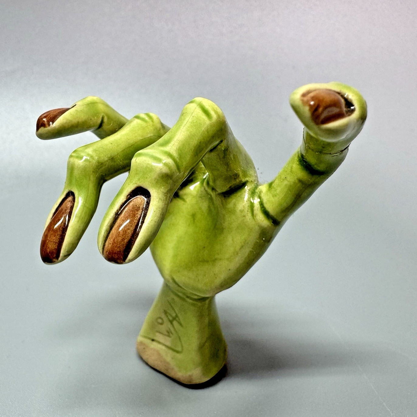 Signed Studio Art Pottery Green ZOMBIE/MONSTER/ALIEN Hand Figurine 2.5