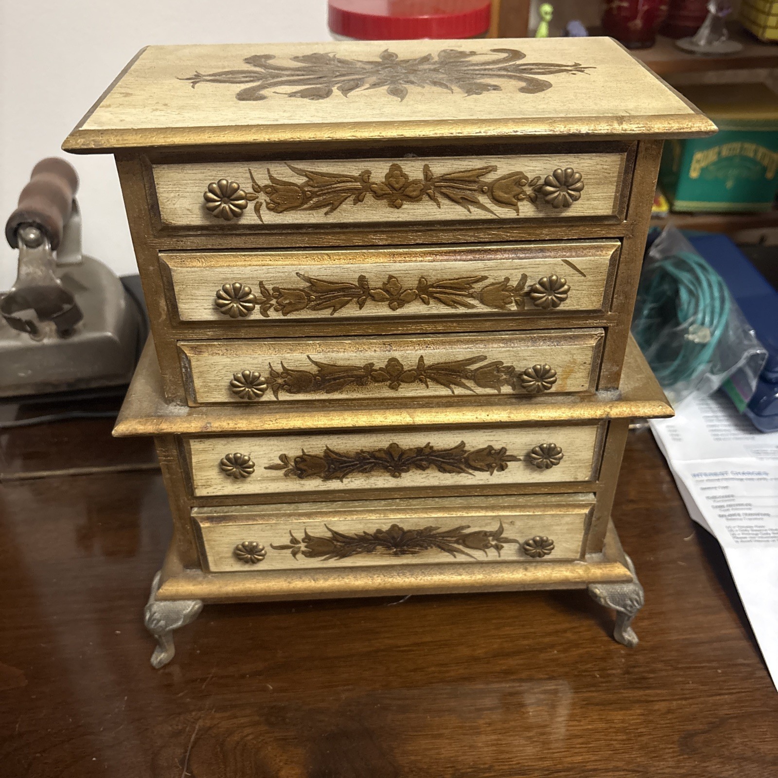 Vintage Florentine Jewelry Music Box Wood 5 Drawer Gold Gesso Claw Foot Italian Vintage Florentine Jewelry Music Box Wood 5 Drawer Gold Gesso Claw Foot Italian