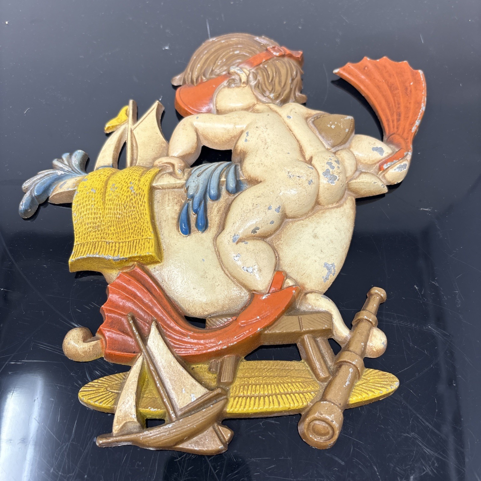 Sexton 1975 Cast Metal Wall Art Plaque Boy in Bathtub with Frog 1970s
