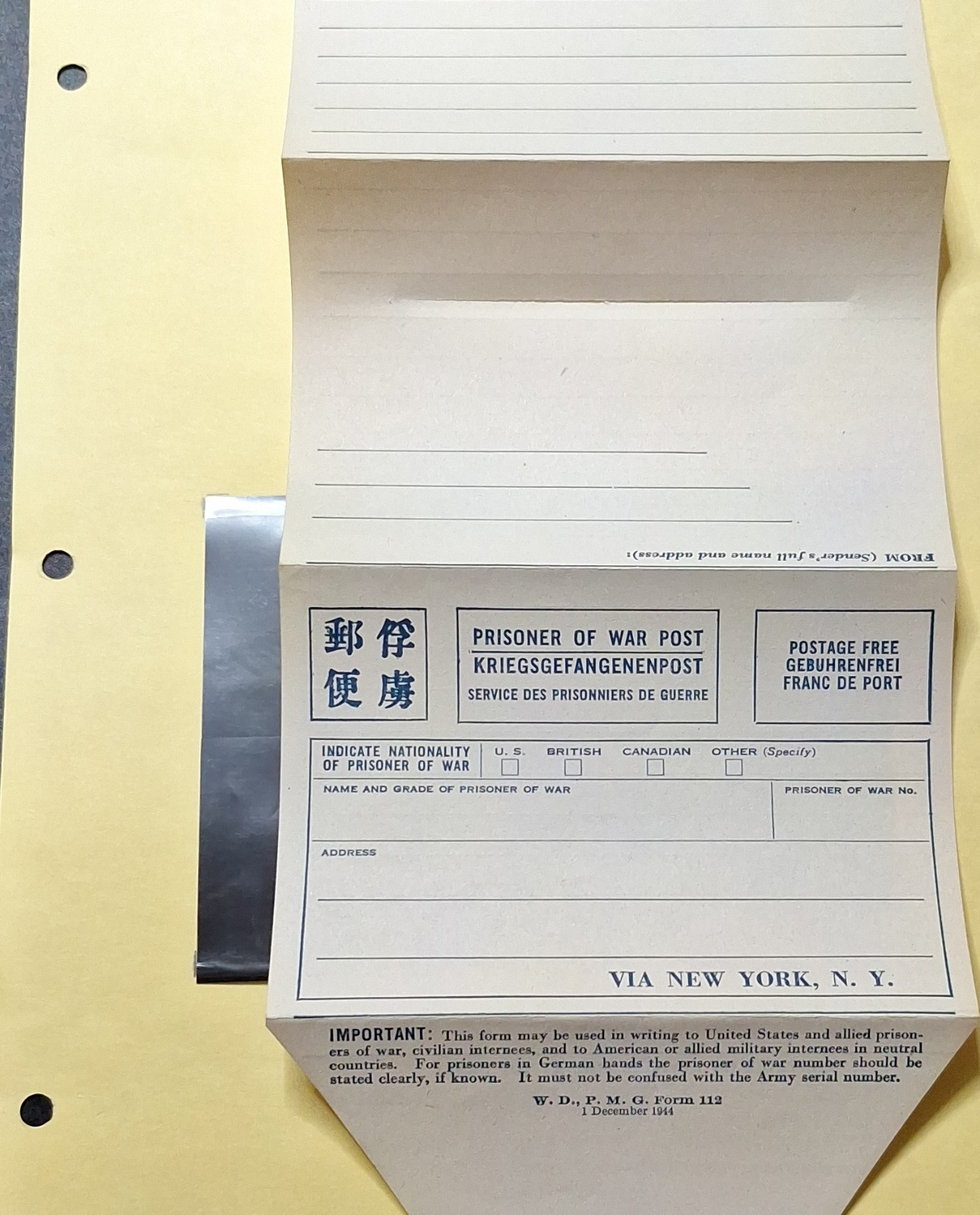 WWII US Prisoner of War Correspondence Form 1944 Original Militaria