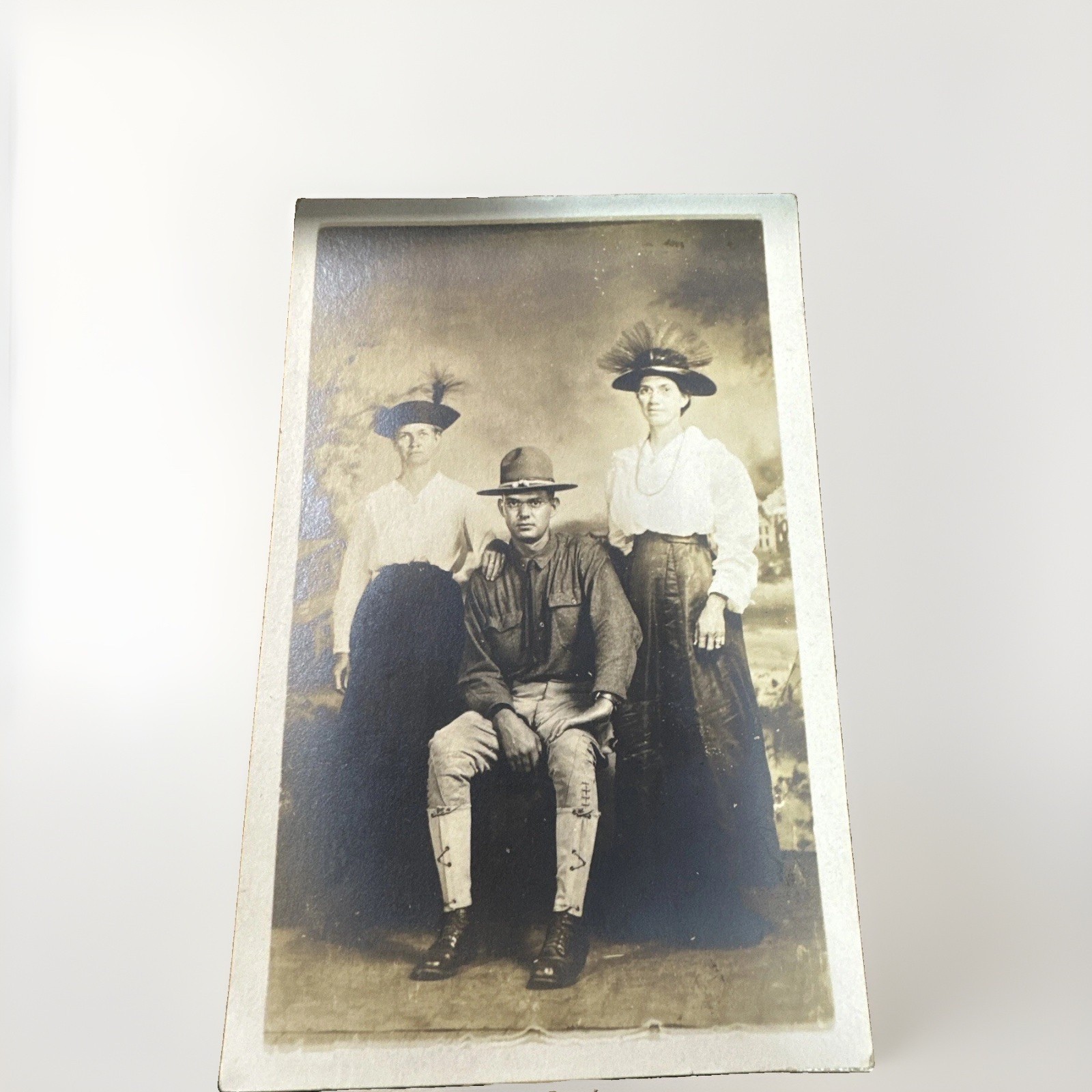 Antique RPPC Edwardian Women Big Hat Long Dress & Soldier  Postcard AZO