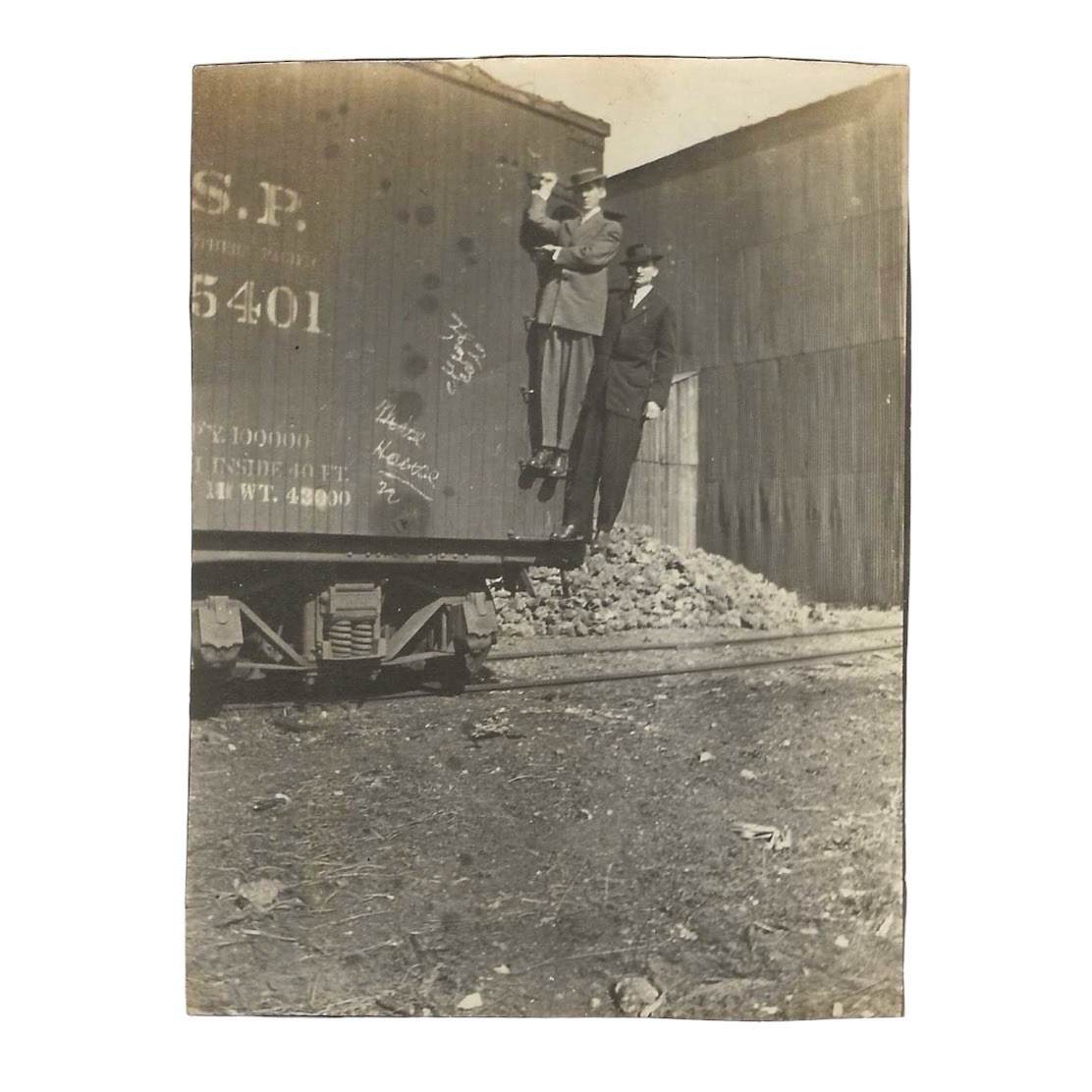 Vintage Snapshot Photo Men Riding the Rails Standing on Train Railcar 1910s