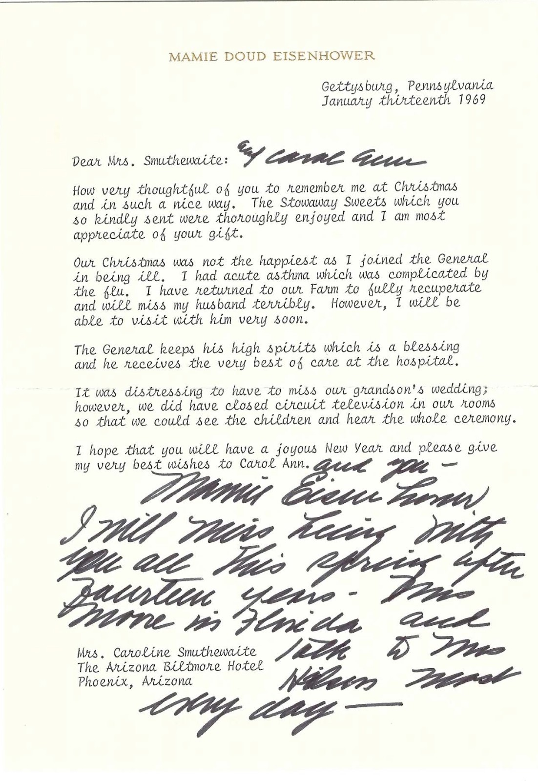 First Lady Mamie Eisenhower Writes She And \