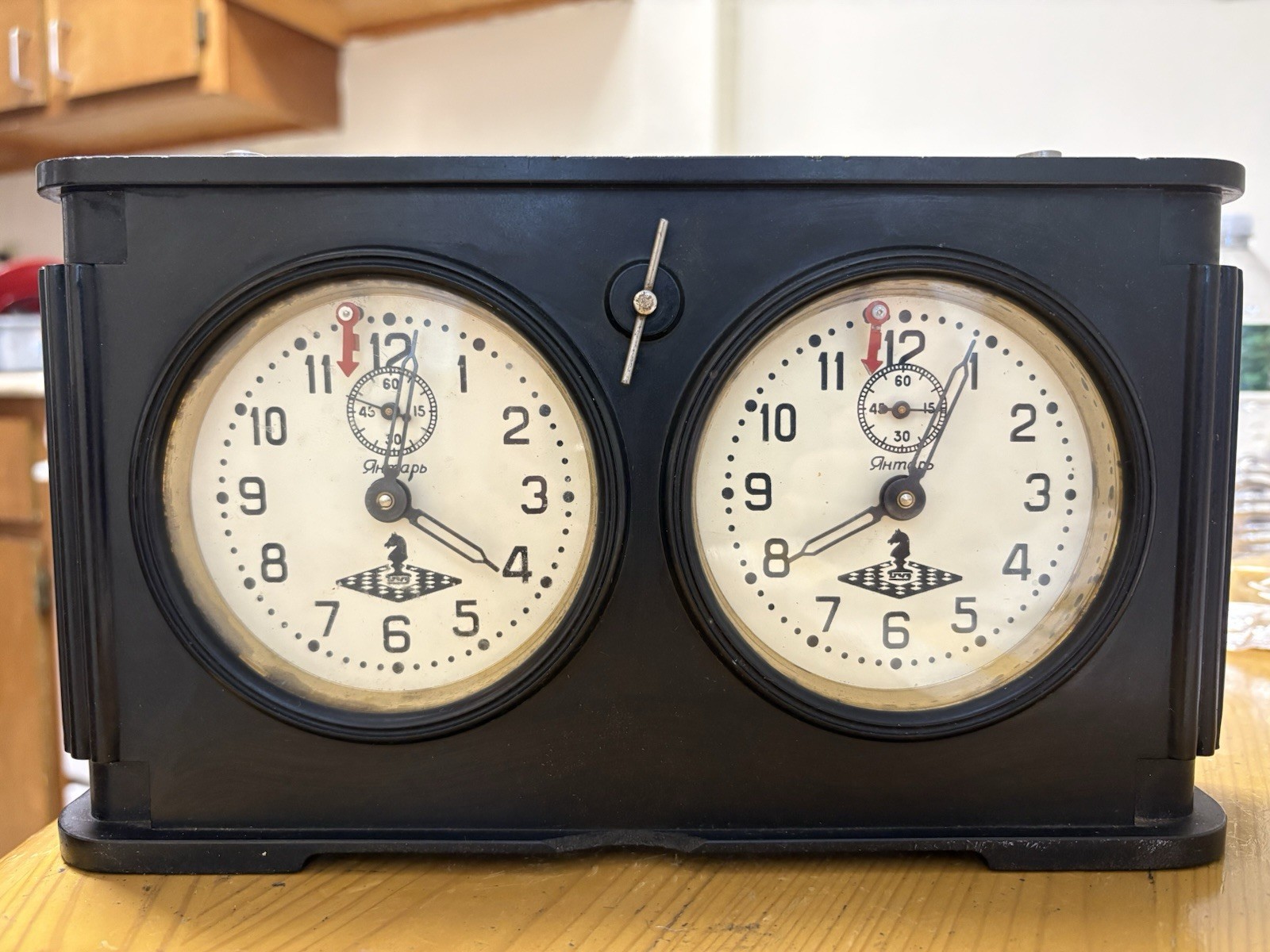 USSR Rare Vintage Dual Desktop Black Mechanical Working Alarm Clock, Tourn Chess USSR Rare Vintage Dual Desktop Black Mechanical Working Alarm Clock, Tourn Chess