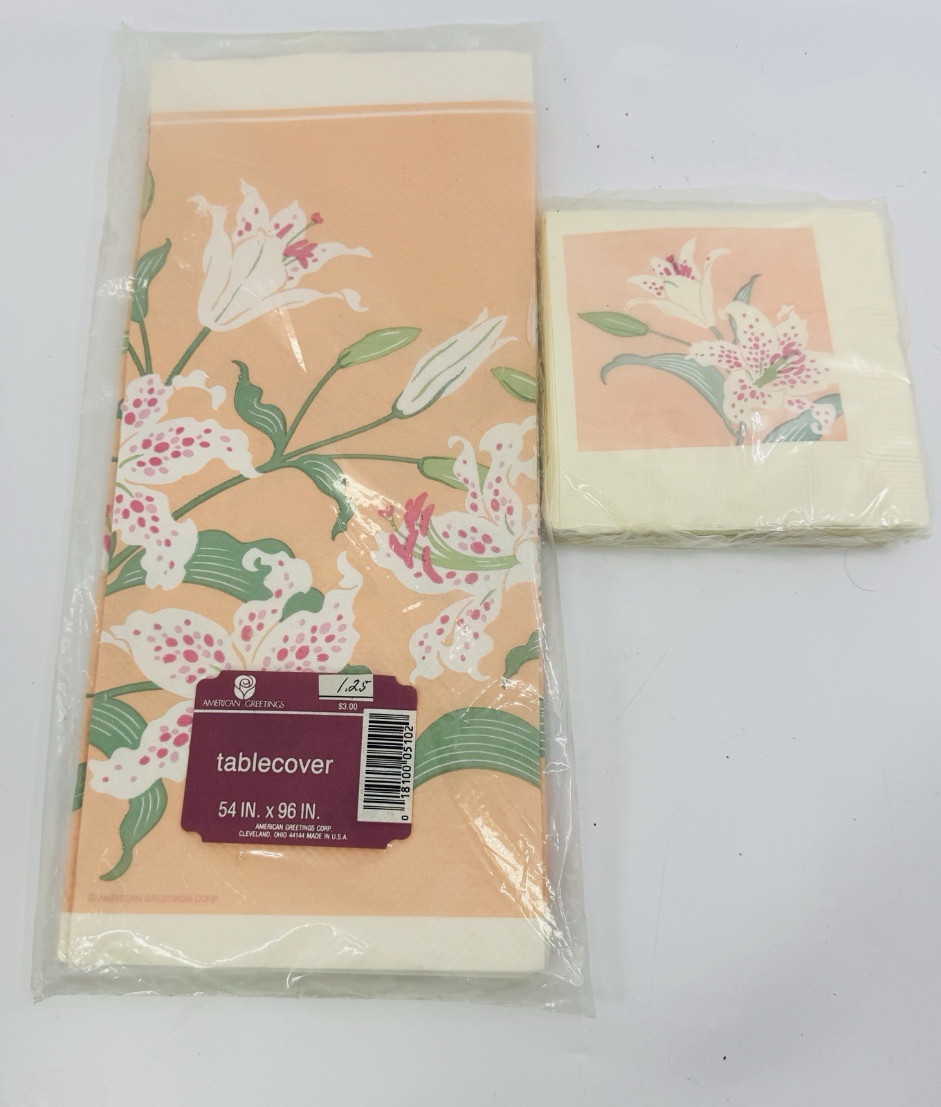 Vintage American Greetings Paper Tablecover & 16 Bev Napkins Floral NOS READ