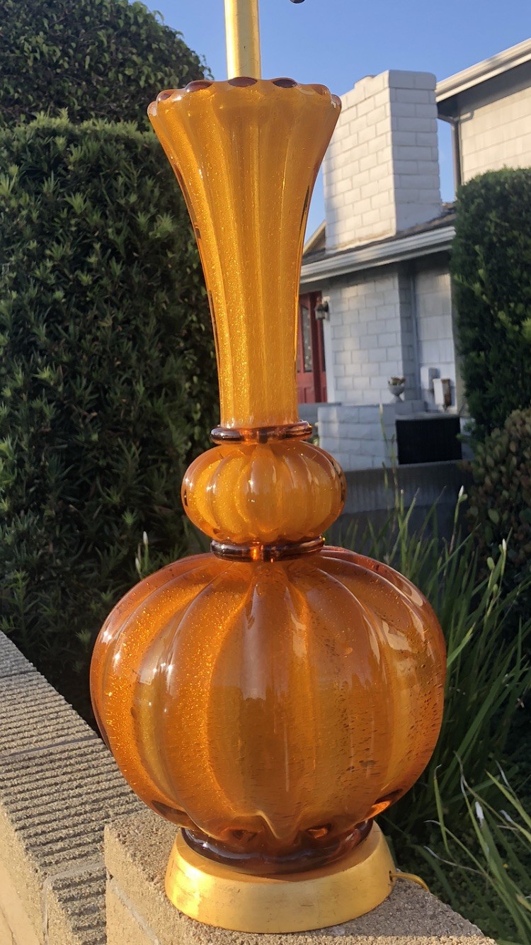 VINTAGE MURANO ORANGE GLASS LAMP ~ PUMKIN SHAPE MID CENTURY MODERN LAMP ~ RARE
