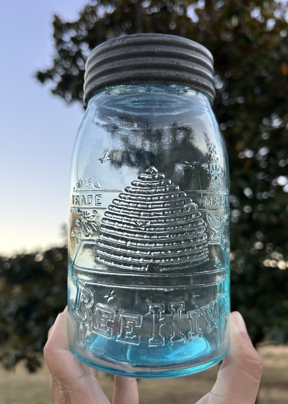 Rare antique Canadian 1 Quart BEEHIVE Bee Hive picture aqua fruit jar w/ lid Rare antique Canadian 1 Quart BEEHIVE Bee Hive picture aqua fruit jar w/ lid