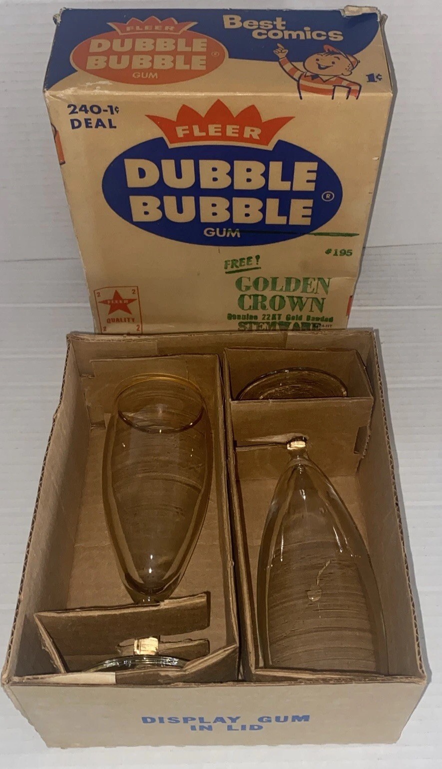 Rare Vintage 1950s FLEER Dubble Bubble Promo Golden Crown Stemware Glasses w Box Rare Vintage 1950s FLEER Dubble Bubble Promo Golden Crown Stemware Glasses w Box