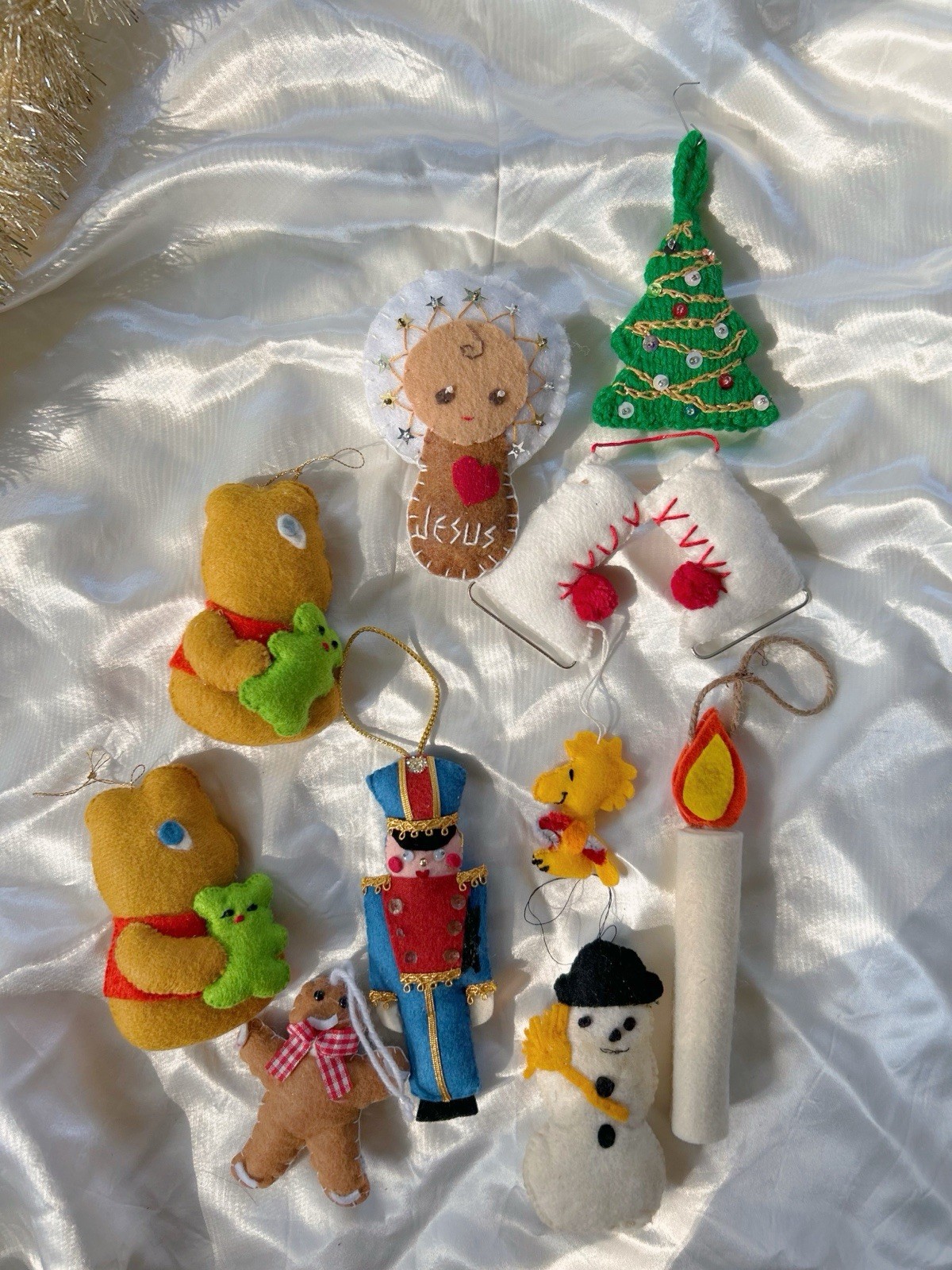 Vintage Christmas Ornaments Lot 10Pc Multicolor Felt Sequin Kitsch Retro MCM