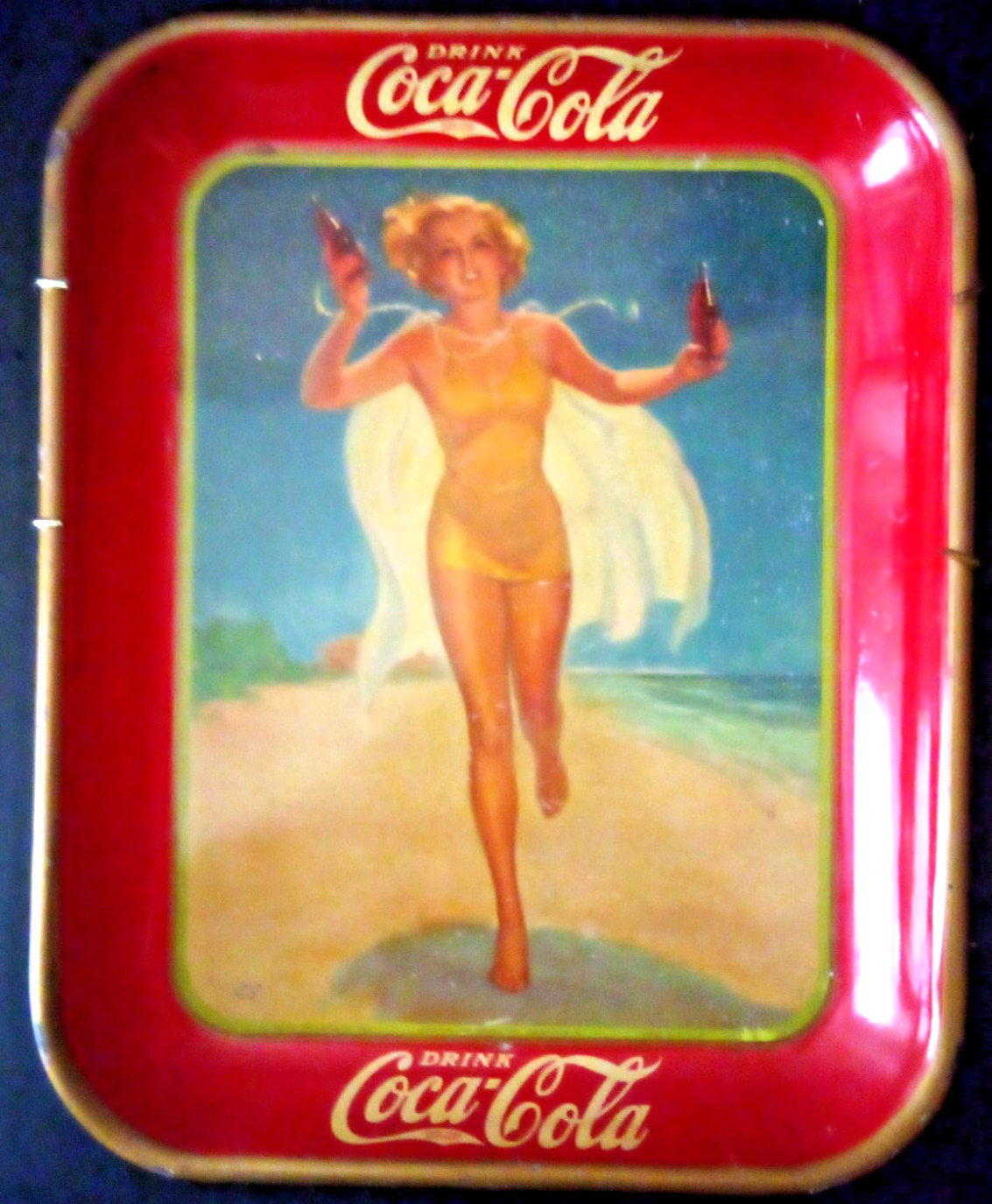 VTG 1937 COCA COLA METAL TRAY WOMAN RUNNING IN BATHING SUIT ADVERTISING VTG 1937 COCA COLA METAL TRAY WOMAN RUNNING IN BATHING SUIT ADVERTISING