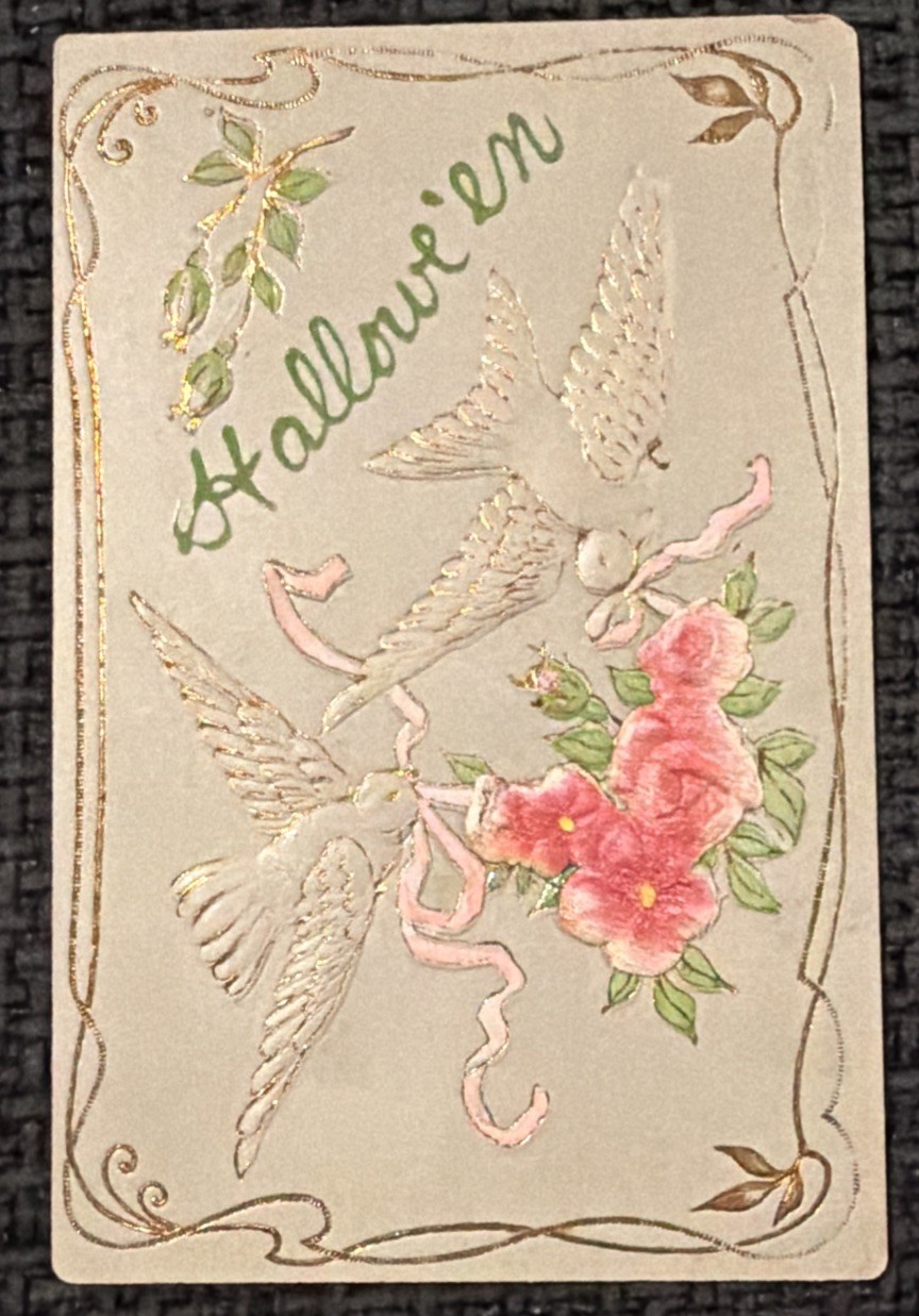 Antique Embossed HALLOWEEN Postcard Doves & Roses Gilt Printed in Germany 1910s