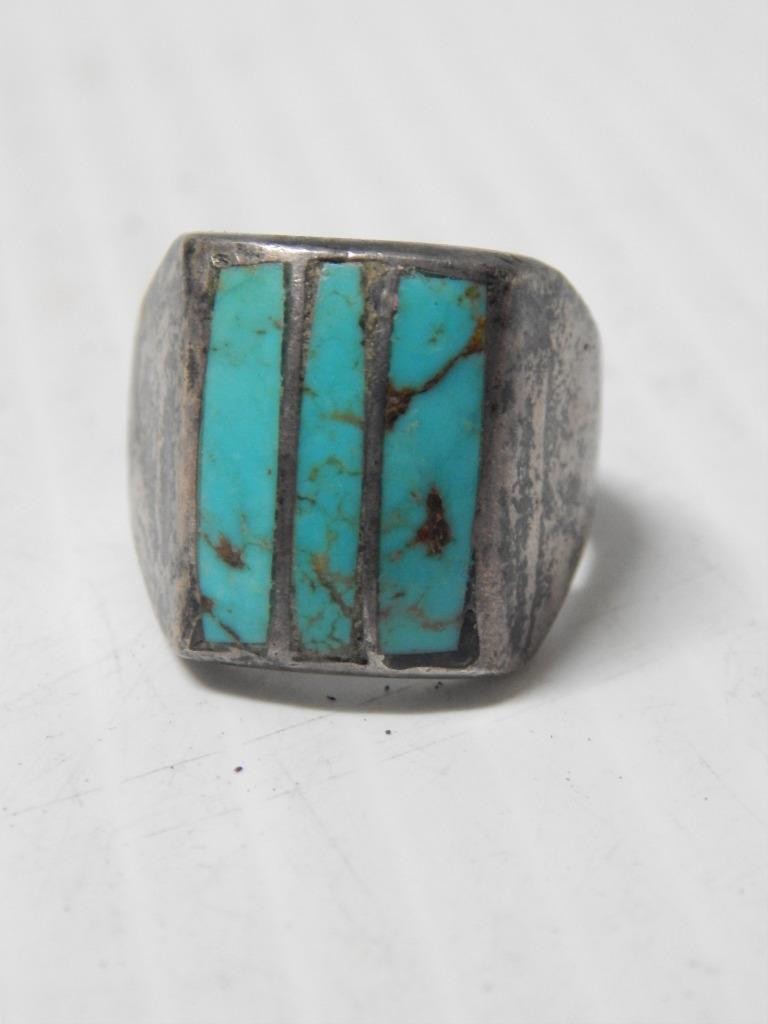VINTAGE MAN\'S RING NAVAJO INDIAN STERLING SILVER CHNL INLAY TURQUOISE SZ: 10.25+