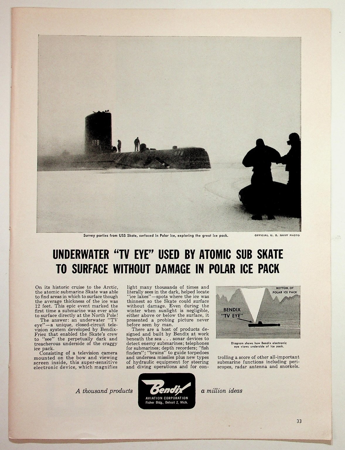 Bendix USS Skate Submarine Arctic TV Eye Vintage 1959-60s Magazine Ad Bendix USS Skate Submarine Arctic TV Eye Vintage 1959-60s Magazine Ad