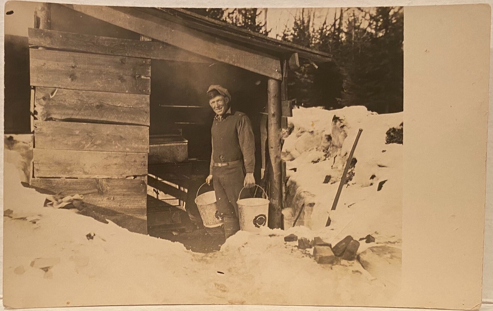 Real Photo Man Near Shed Carrying Two Buckets In Snow RPPC Postcard Farmer Real Photo Man Near Shed Carrying Two Buckets In Snow RPPC Postcard Farmer