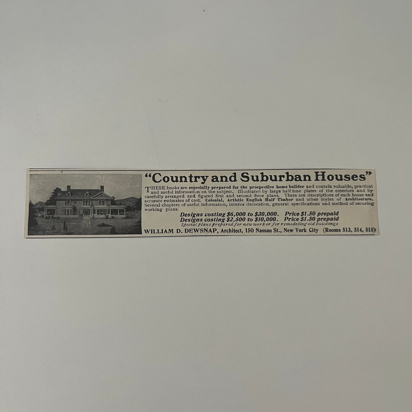 Country & Suburban Homes William D. Dewsnap New York NY 1908 Magazine Ad SAH1-H1 Country & Suburban Homes William D. Dewsnap New York NY 1908 Magazine Ad SAH1-H1
