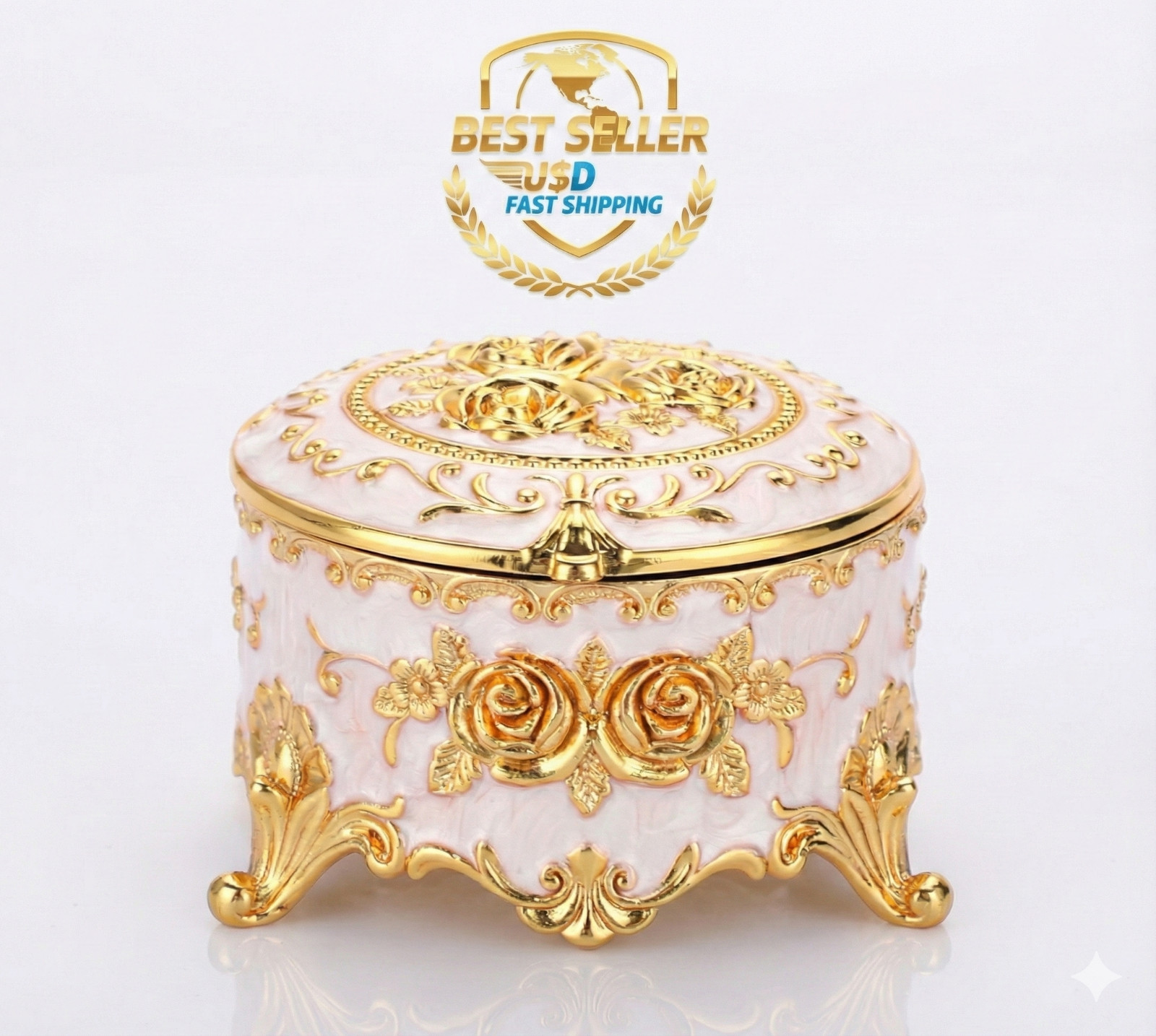 Vintage Round Jewelry Box Gold Metal Trinket Case Ring Earring Storage Organizer Vintage Round Jewelry Box Gold Metal Trinket Case Ring Earring Storage Organizer