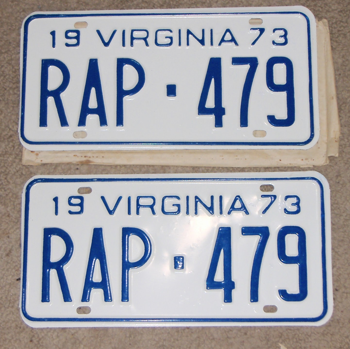VINTAGE MATCHED PAIR 1973 VIRGINIA LICENSE PLATES-RAP479-NOS- MINT- RAP VINTAGE MATCHED PAIR 1973 VIRGINIA LICENSE PLATES-RAP479-NOS- MINT- RAP