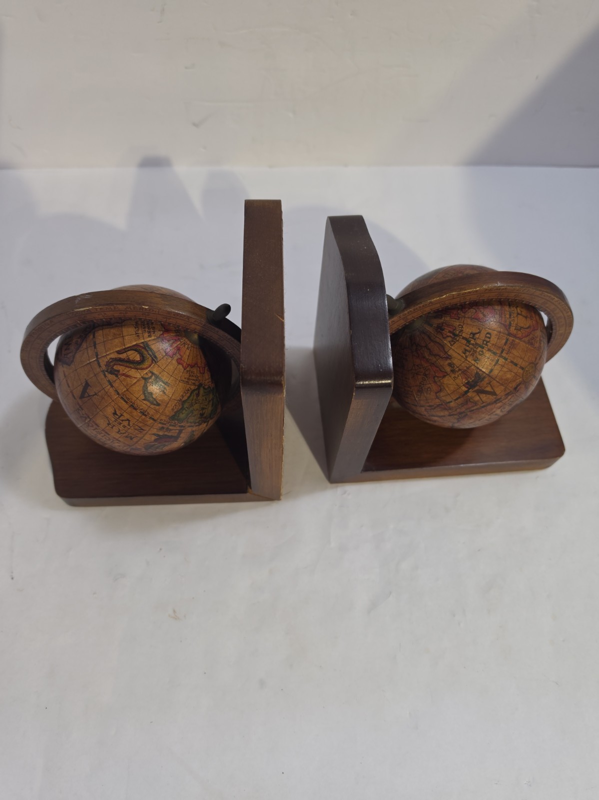 Old World Spinning Globe Wooden Book Ends, Made In Italy Old World Spinning Globe Wooden Book Ends, Made In Italy