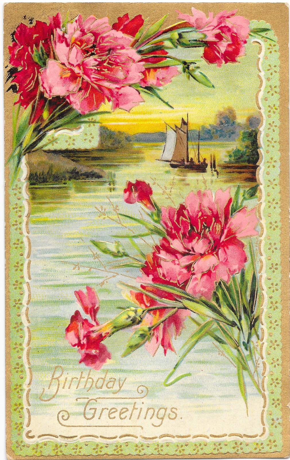 Birthday Greetings Embossed Postcard Carnations Sailboat 1909 Germany