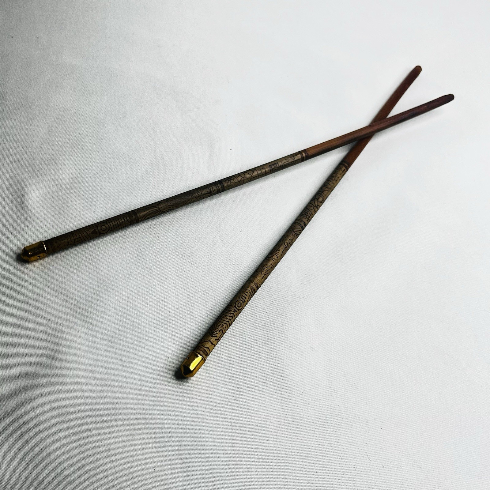 Vintage Asian Bamboo Chopsticks Metal Tips & Etched Picture Writing Brass Tips Vintage Asian Bamboo Chopsticks Metal Tips & Etched Picture Writing Brass Tips