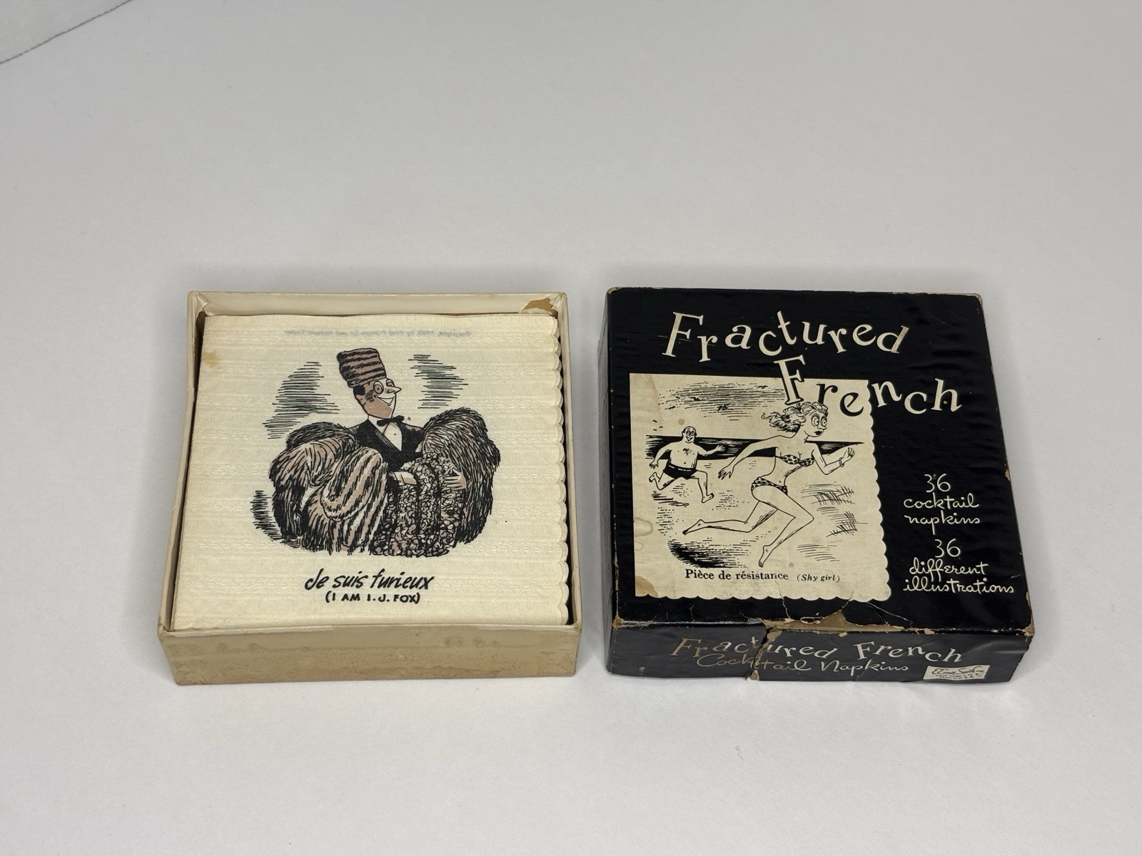 Vintage Circa 1950s Fractured French Cocktail Napkins, MCM, Funny, Humor, Risqué Vintage Circa 1950s Fractured French Cocktail Napkins, MCM, Funny, Humor, Risqué