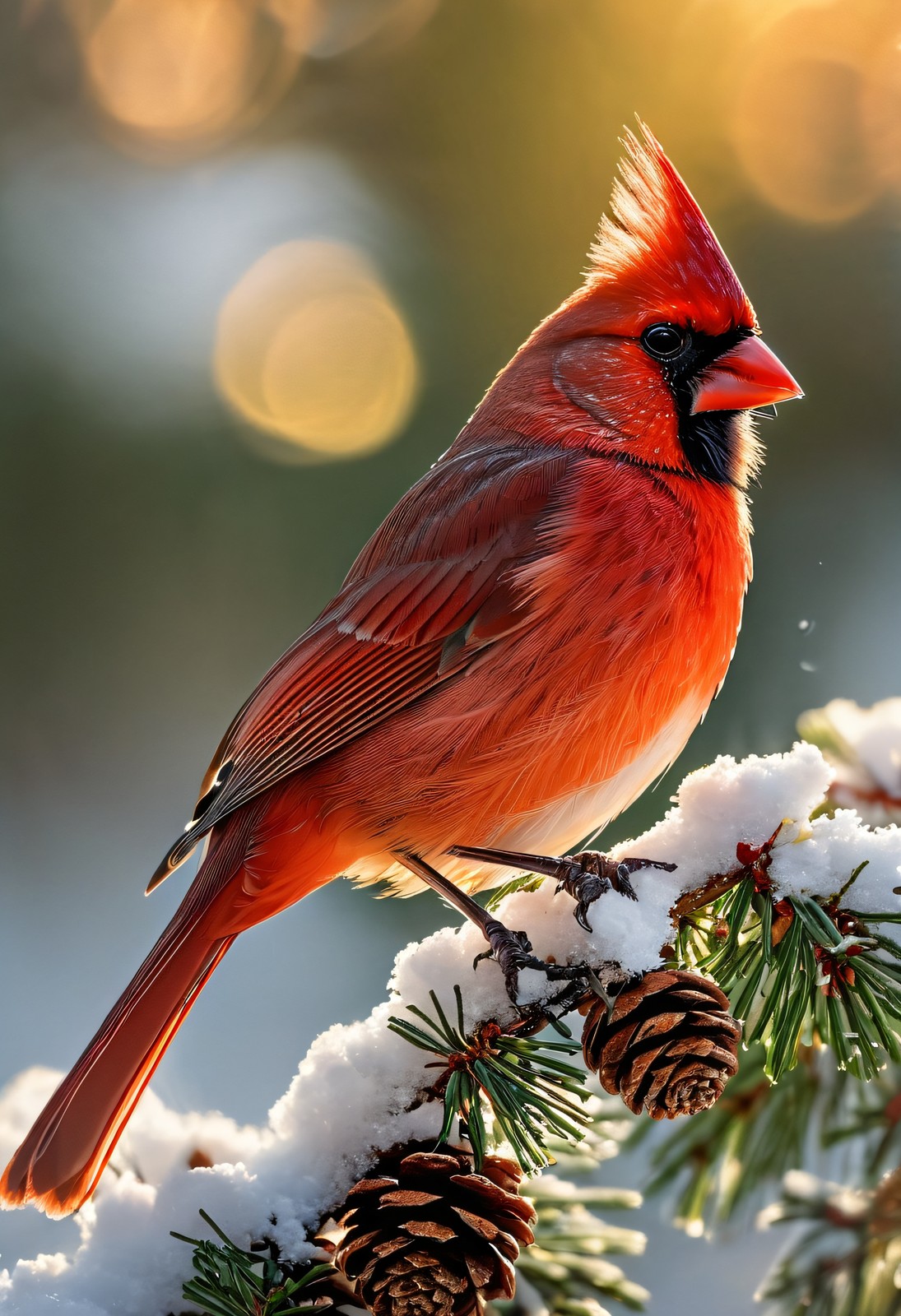Cardinal Among Snowy Pinecones - Golden Hour Naturalist Print