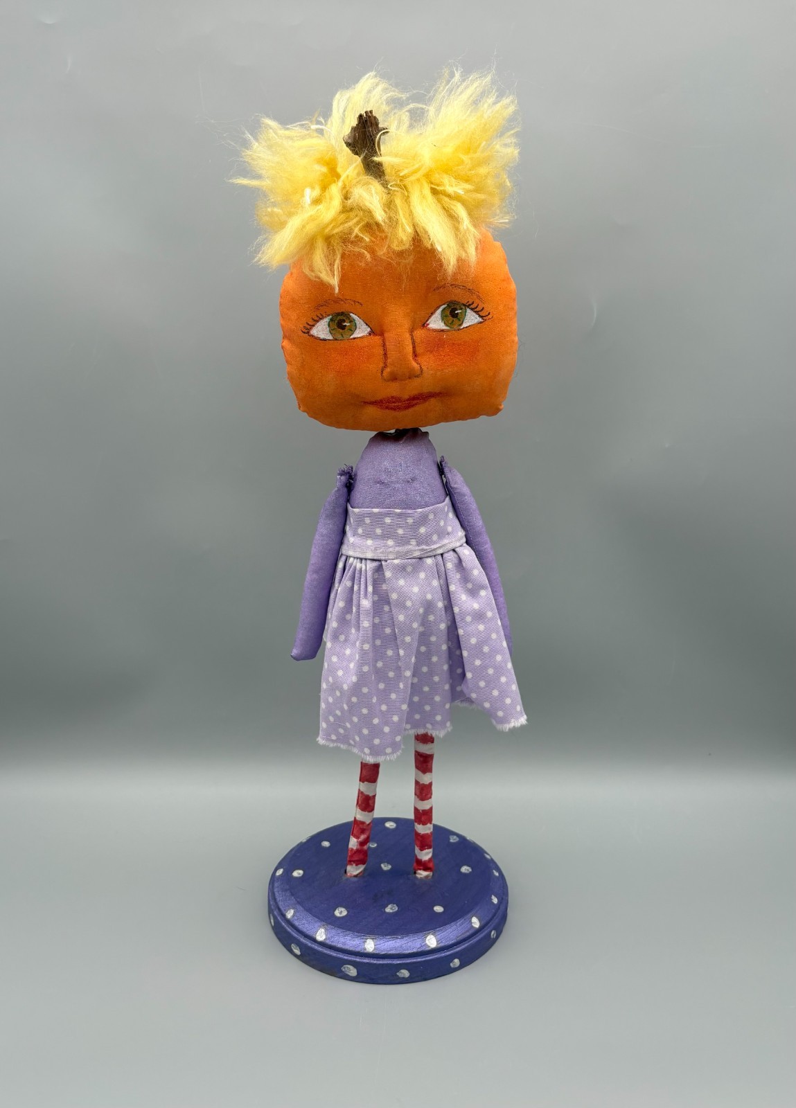 Halloween Folk Art Pumpkin Girl Doll Figurine Lori Mitchell Style OOAK 15