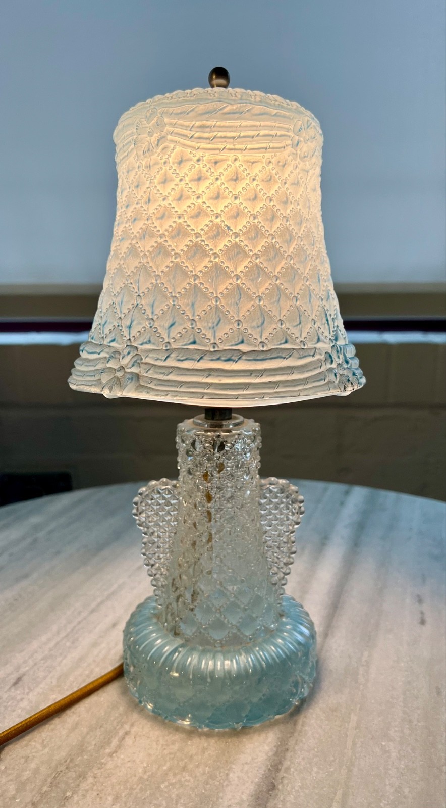 1930s Blue Opaline Deco Boudoir Lamp by Houze Glass w/glass Quilted Slip Shade