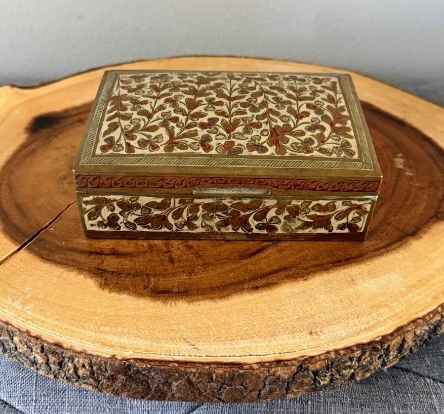 Brass Metal Rectangular Trinket Box Hinged Lid Floral Pattern Wood Interior 