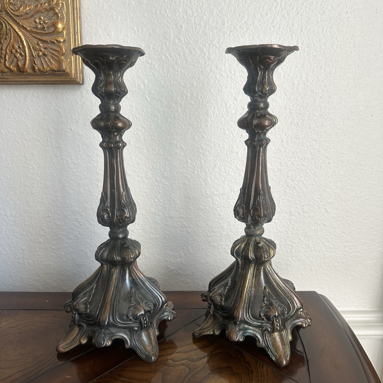 Antique Victorian Candlestick Pair 13 Inch Baroque Footed Copper Bronze Gilt Antique Victorian Candlestick Pair 13 Inch Baroque Footed Copper Bronze Gilt