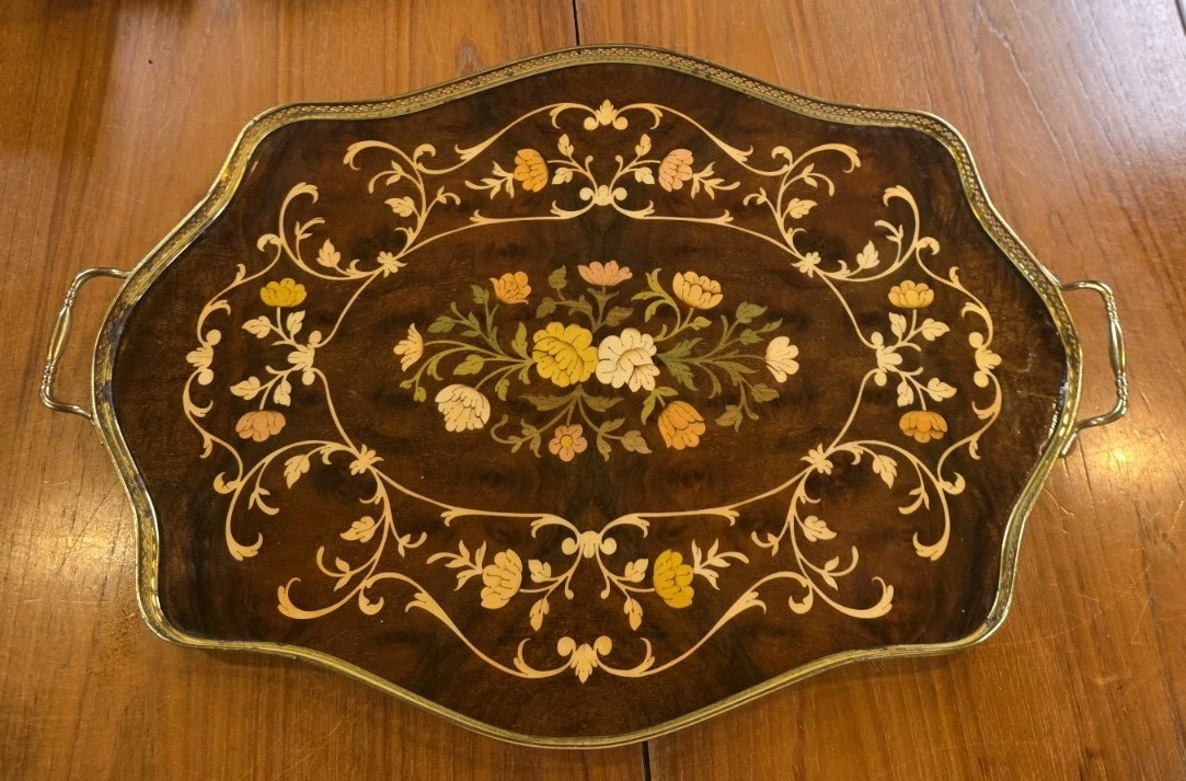 VTG Italian Marquetry Wood Inlay SORRENTO Tray Brass  Handles  23\