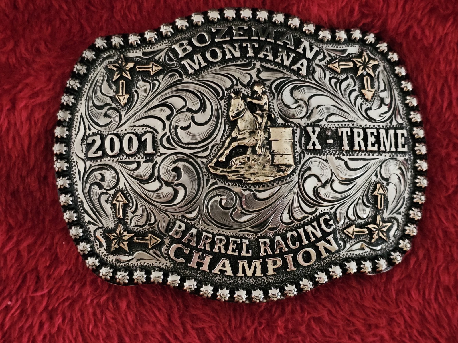 Barrel Racing Champion Rodeo Trophy Buckle☆2001☆X~Treme☆Bozeman Montana☆Rare☆386