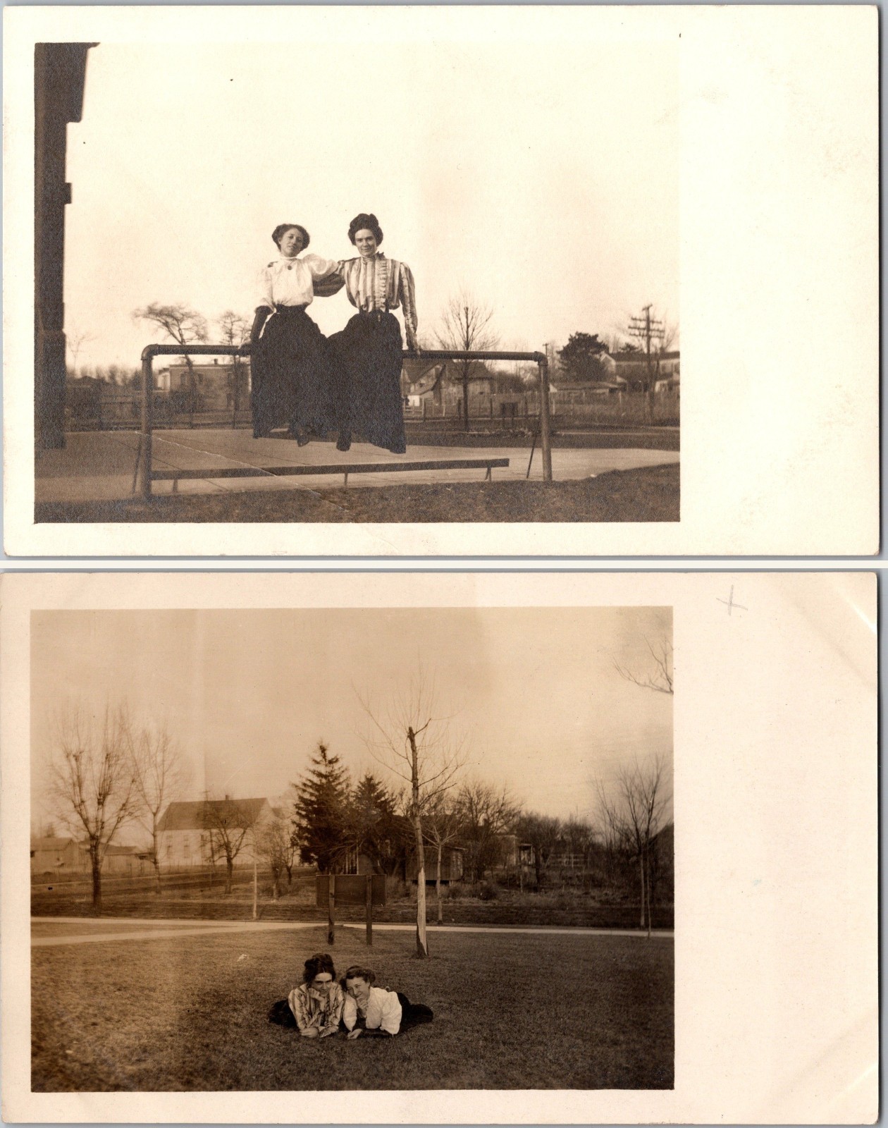 Set of 2 Antique RPPC Postcards Women Friends Lawn Candids Striped Blouse 1910s Set of 2 Antique RPPC Postcards Women Friends Lawn Candids Striped Blouse 1910s