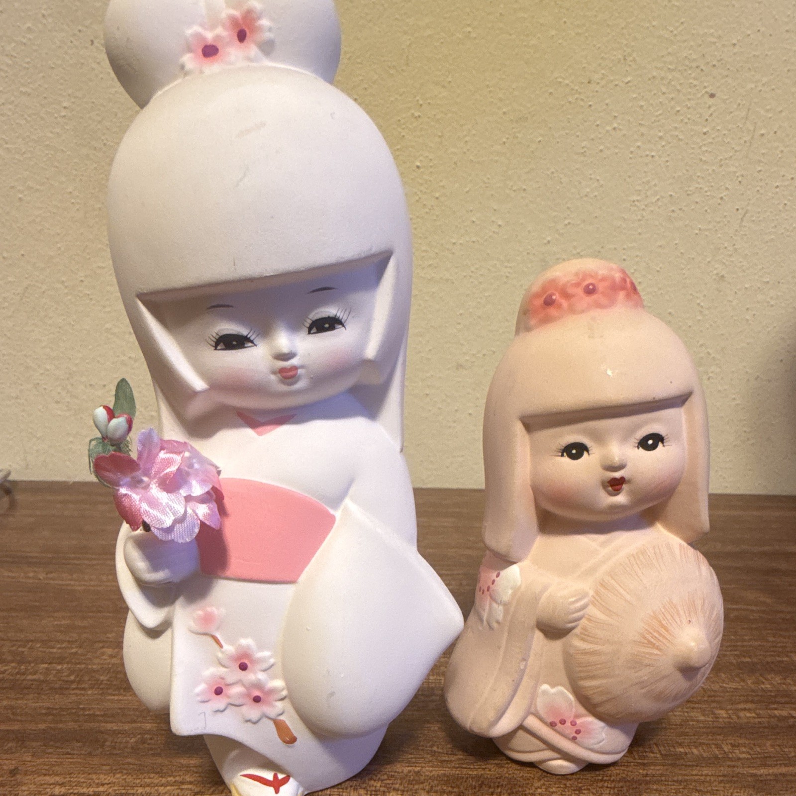 Vintage Japanese Kokeshi Doll Pair Pink & White Cherry Blossom Motif