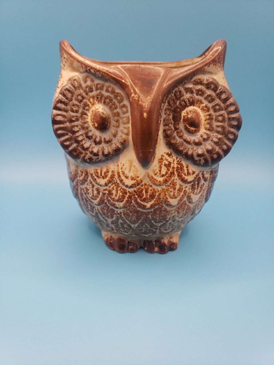 Vintage Owl Planter Vase Pottery Big Blue Eyes 5” Stoneware Design