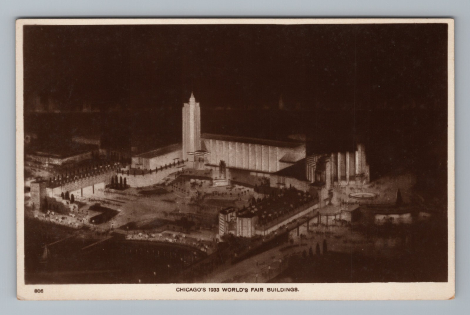 1933 Chicago's World Fair Buildings at Night Aerial  Vtg Postcard