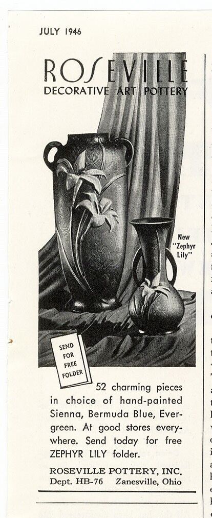 ROSEVILLE POTTERY 1946 Magazine Ad ZEPHYR LILY Decorative Vase Jar