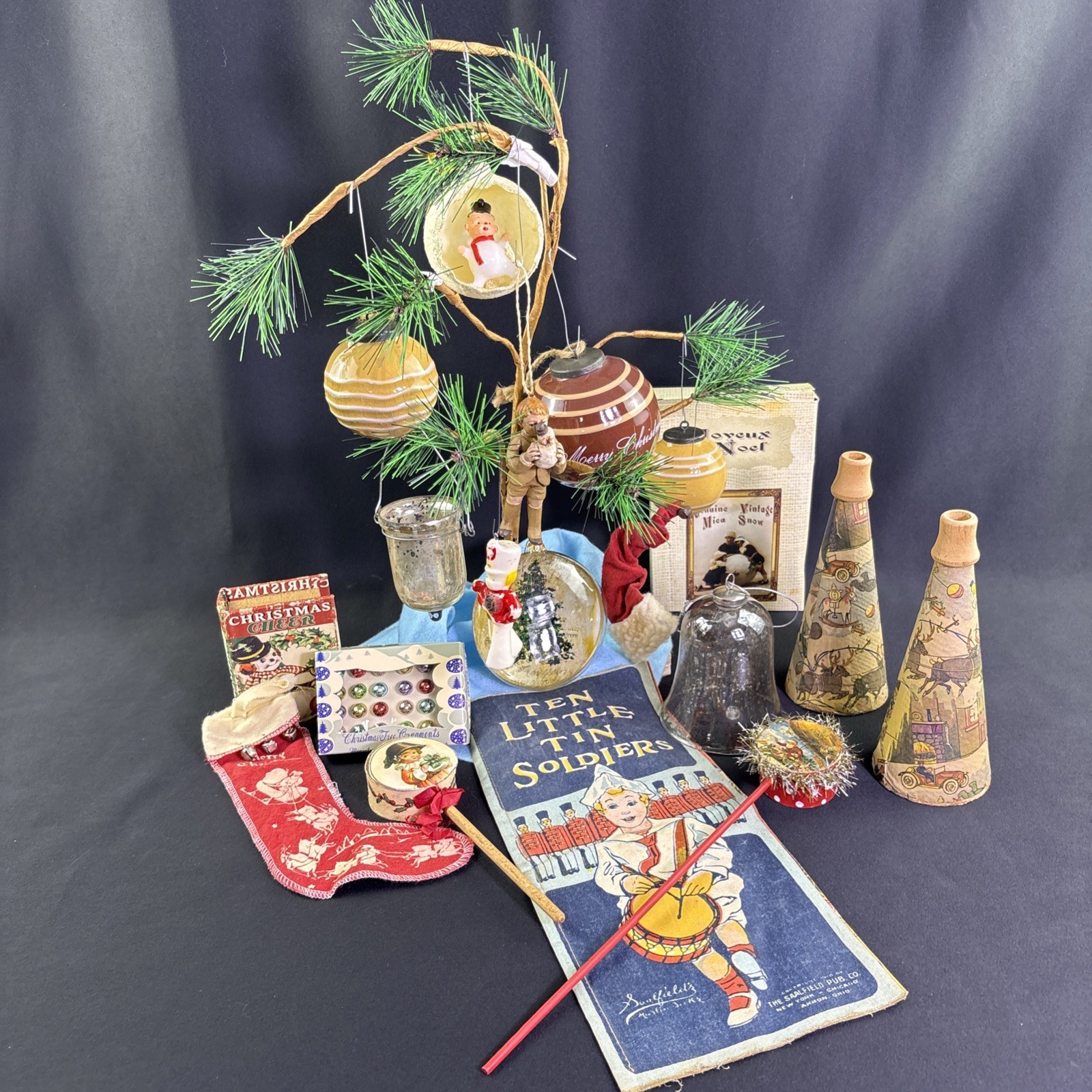 19pc Eduardian Vintage & Vintage-Style Christmas Decor Lot  Ornaments Toys Horns